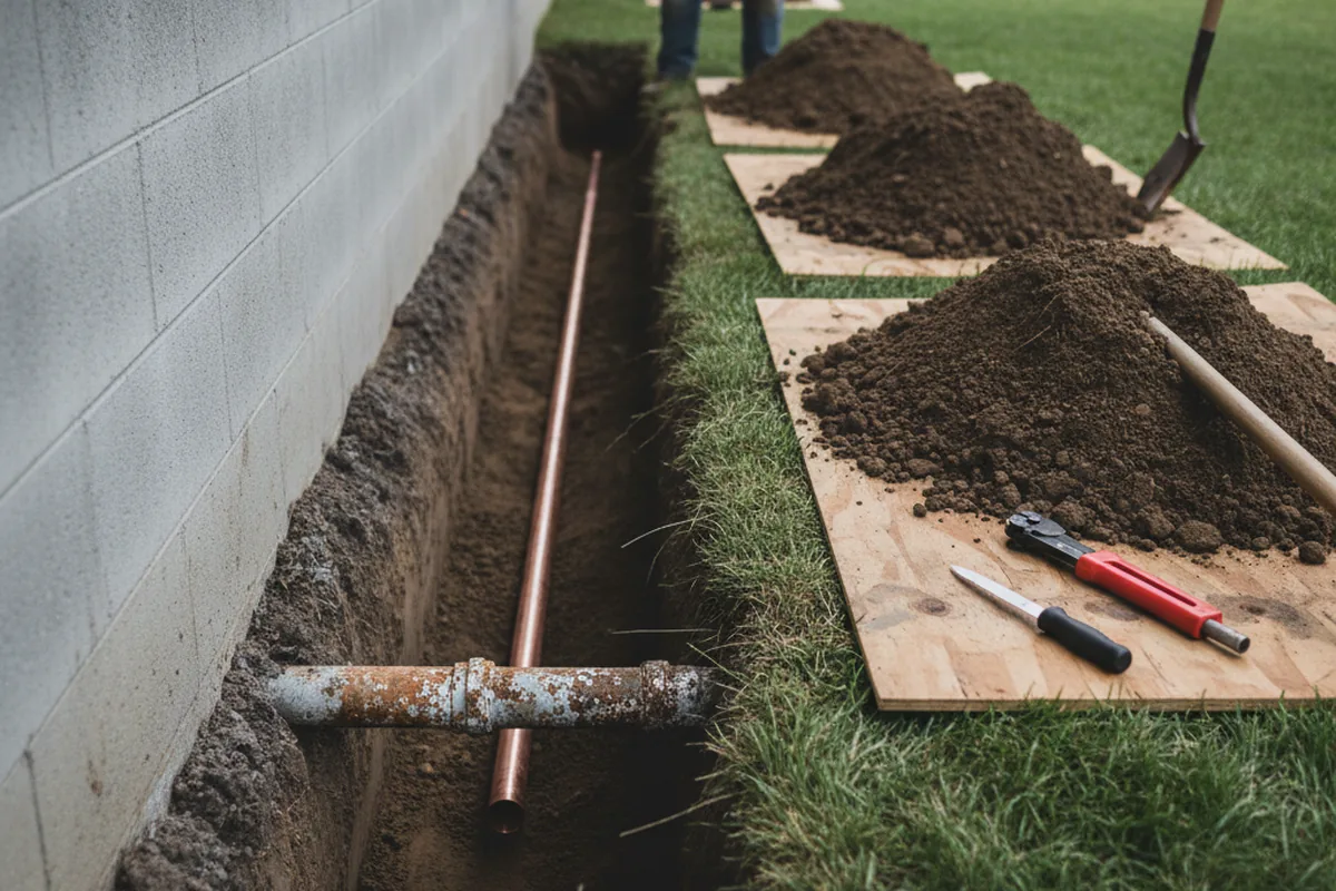 Excavated water line trench during Sewer Line Repair in Schneider